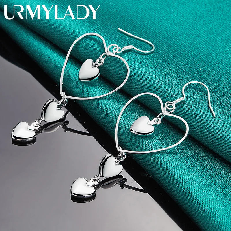 URMYLADY 925 Sterling Silver Love Heart Frame Earrings For Women Fashion Wedding Engagement Charm Jewelry