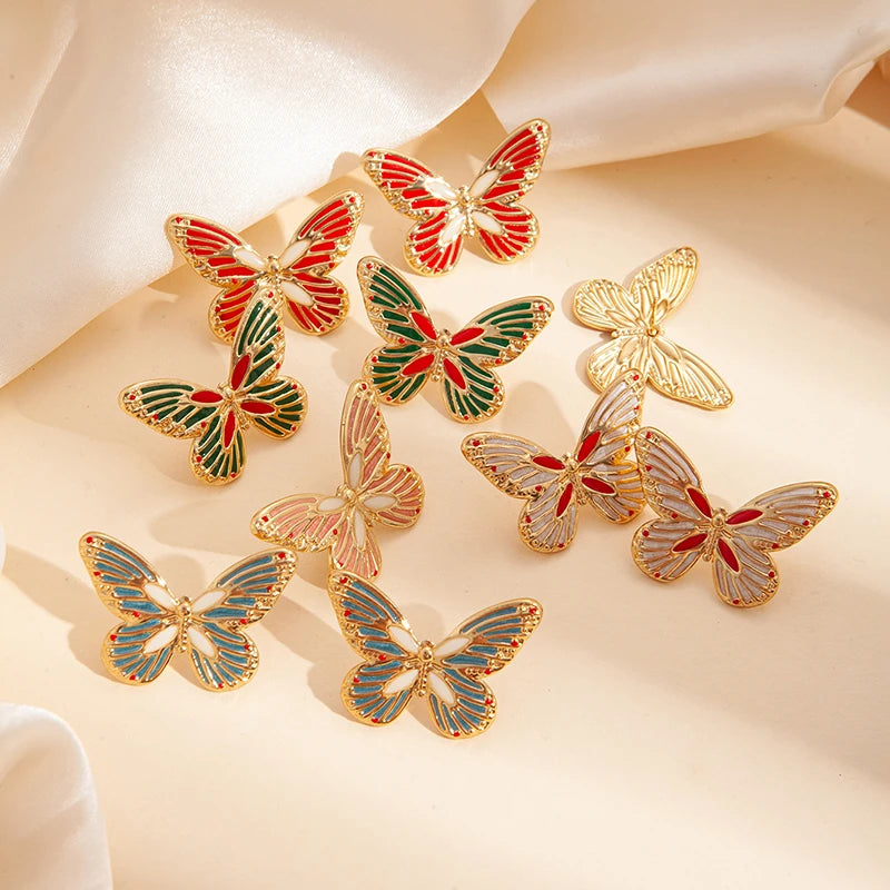 ANENJERY 316L Stainless Steel White Shell Butterfly Stud Earrings For Women Vintage French Delicate Lady Jewelry Gifts Wholesale