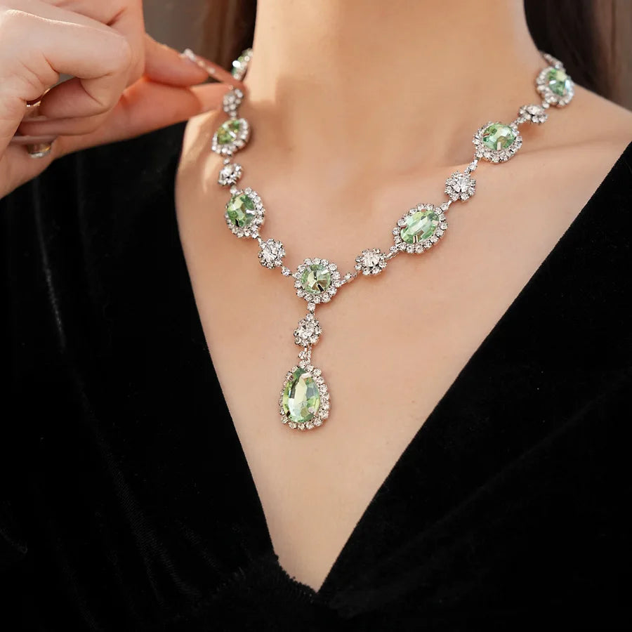 Shiny Cubic Zirconia Jewelry Set Women's Fashion Water Drop Teardrop Rhinestone Choker Necklace Dangle Earrings for Party K