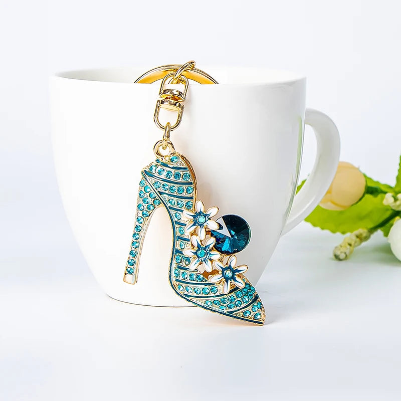 Elegant Flower High Heels Key Chain Women's Bag Pendant Alloy Rhinestone Car Key Ring Fashion Backpack Ornament