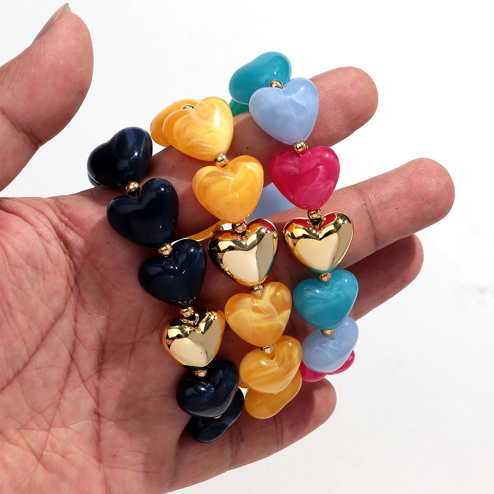 Sweet Resin Love Heart Beads Elastic Bracelets for Women Cute Geometric Heart Shape Stretch Bracelet Party Jewelry Gifts