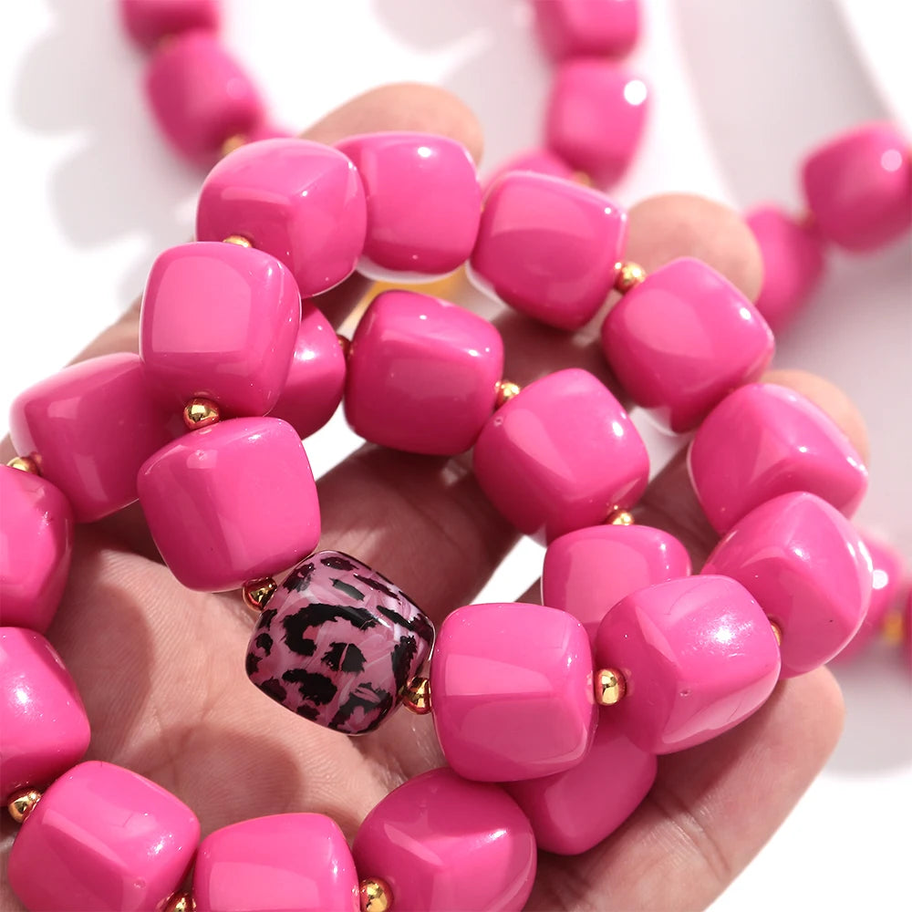 New Pink Square Breaded Elastic Bracelets for Women Resin Geometric Beads Stretch Cuff Bangle Bracelets Fashion Jewelry