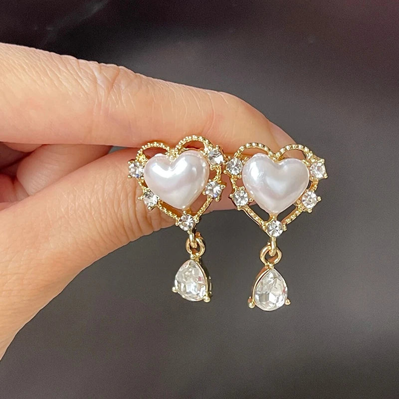 Huitan Sweet Heart Imitation Pearl Drop Earrings with Waterdrop Cubic Zirconia Gold Color Temperament Accessories for Women