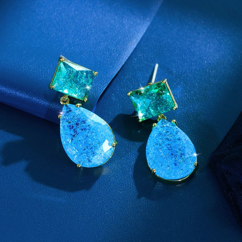 ThreeGraces Unique Green Blue Zirconia Elegant Ice Crack Water Droplet Earrings for Women Fashion Daily Party Jewelry E2007