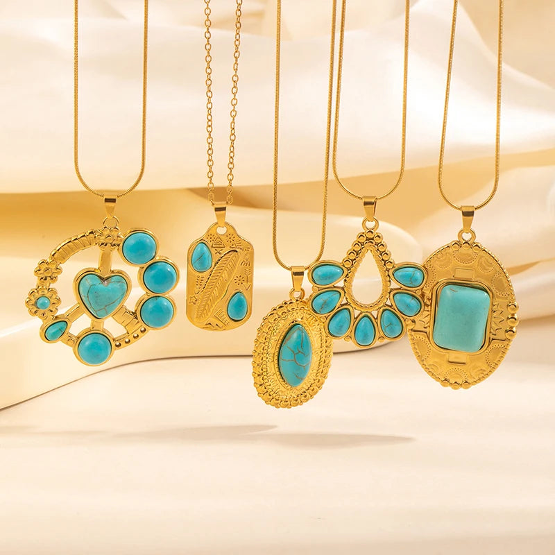 ANENJERY 316L Stainless Steel Turquoise Irregular Geometry Pendant Necklace For Women Boho Retro Personality Jewelry Gifts