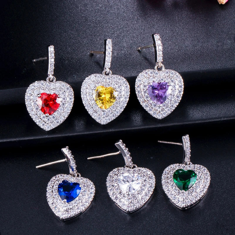 ThreeGraces Fashion Purple Green Zirconia Love Heart Shape Dangle Drop Earrings for Women New Trendy Daily Party Jewelry E1243