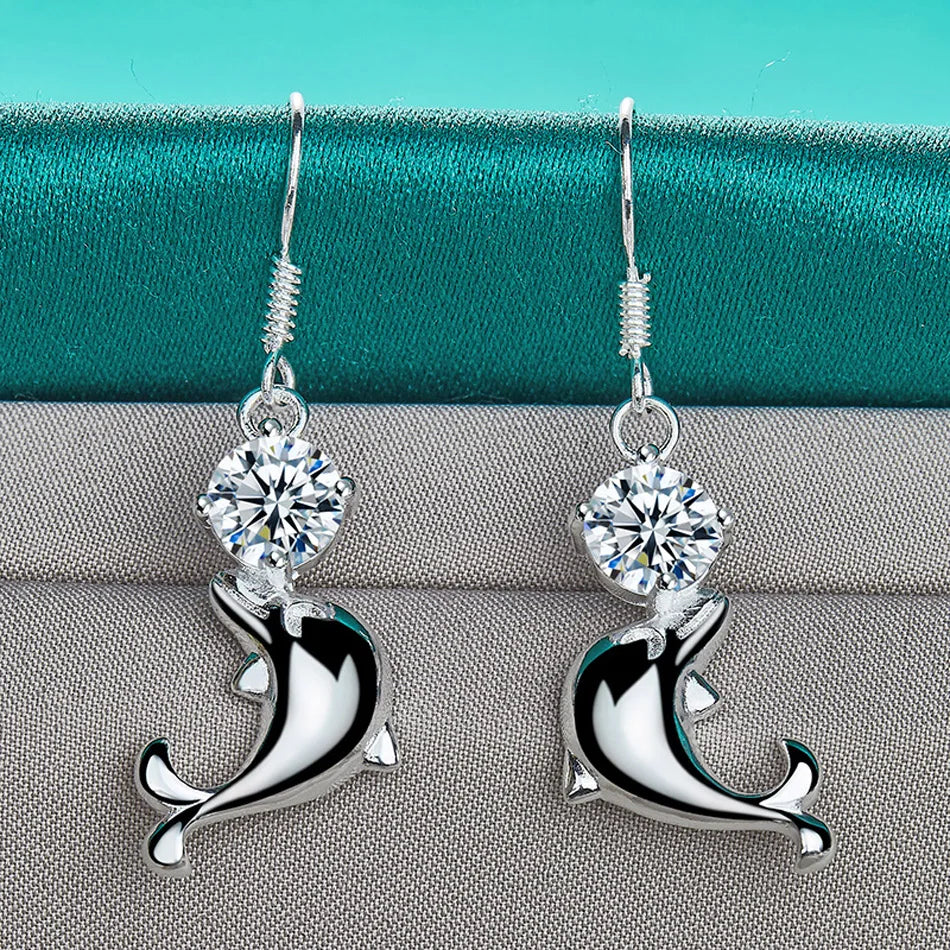 URMYLADY 925 Sterling Silver Dolphin Zircon Earrings Eardrop For Women Charm Wedding Fashion Engagement Jewelry