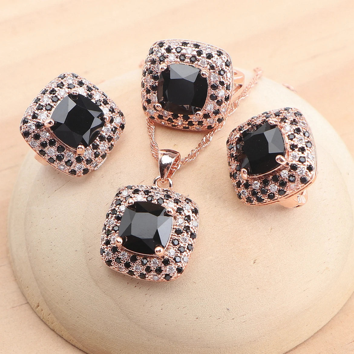 Bridal Jewelry Sets 925 Sterling Silver Rose Gold Color Red Zircon For Women Earrings Rings Pendant Wedding Necklace Set