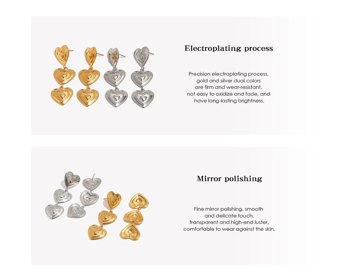 E.B.belle Modern Triple Heart Stud Earrings For Women 18K Gold Plated Waterproof Stainless Steel Earrings Fashion Ladies Jewelry