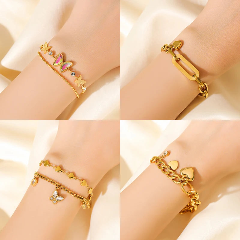EILIECK 316L Stainless Steel Metal Gold Color Charm Bracelet Wrist Chain Trendy Texture Jewelry for Women Bijoux Femme Gift