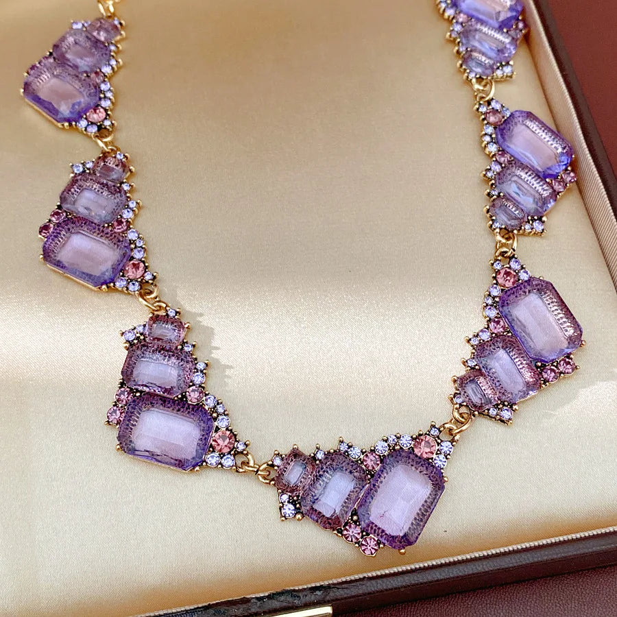 1 Pcs Purple Square Rhinestones Chokers Necklaces Retro Shiny Geometric Drop Earring Luxury Jewelry Set Gifts Wedding Party N
