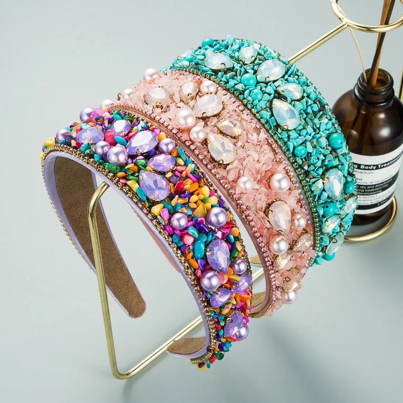 European and American Personalized Design Colorful Turquoise Rhinestone Hair Band Wide Edge Fabric Candy Color Headband