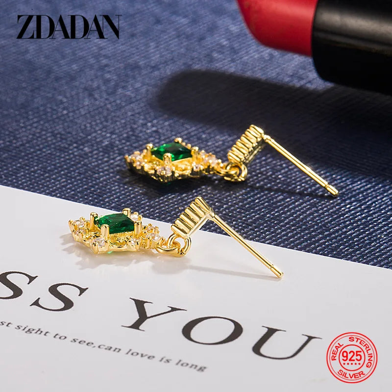 ZDADAN 925 Silver 18K Gold Square Emerald Drop Earrings For Women Wedding Jewelry