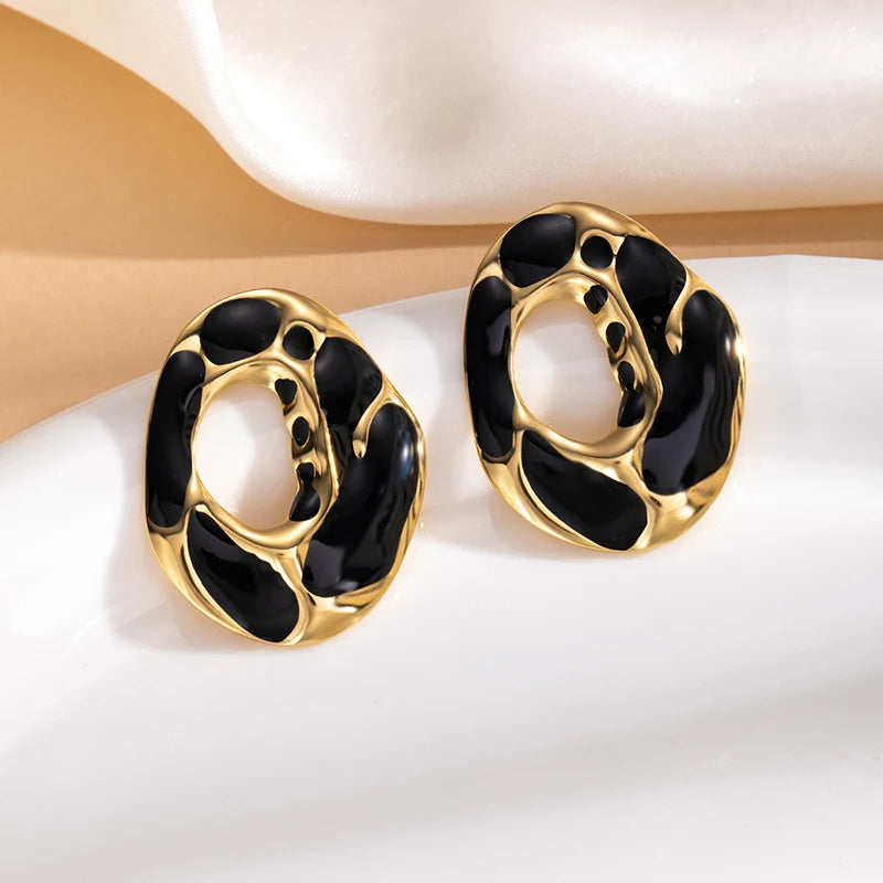 ANENJERY 316L Stainless Steel Hollow Irregular Round Stud Earrings For Women Temperament Luxury Niche Simple Jewelry Gift