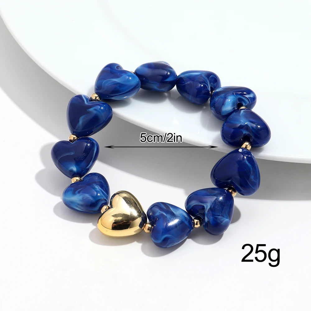 Sweet Resin Love Heart Beads Elastic Bracelets for Women Cute Geometric Heart Shape Stretch Bracelet Party Jewelry Gifts