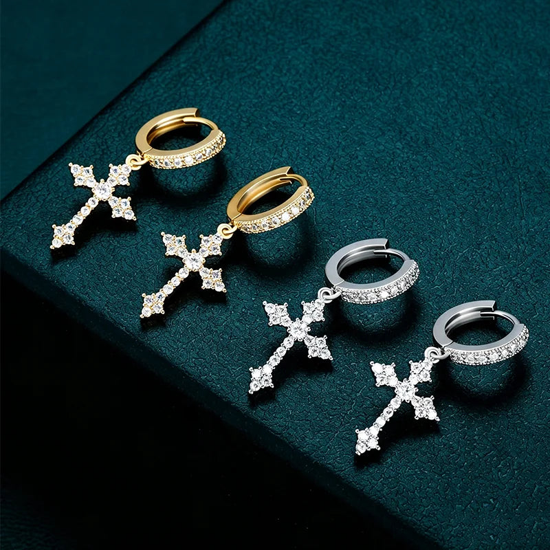 OXTAO Statement Hiphop Cross Earrings for Men Women 2.5mm D VVS1 Moissanite Drop Earrings Party Jewelery Gifts 14K Gold Filled
