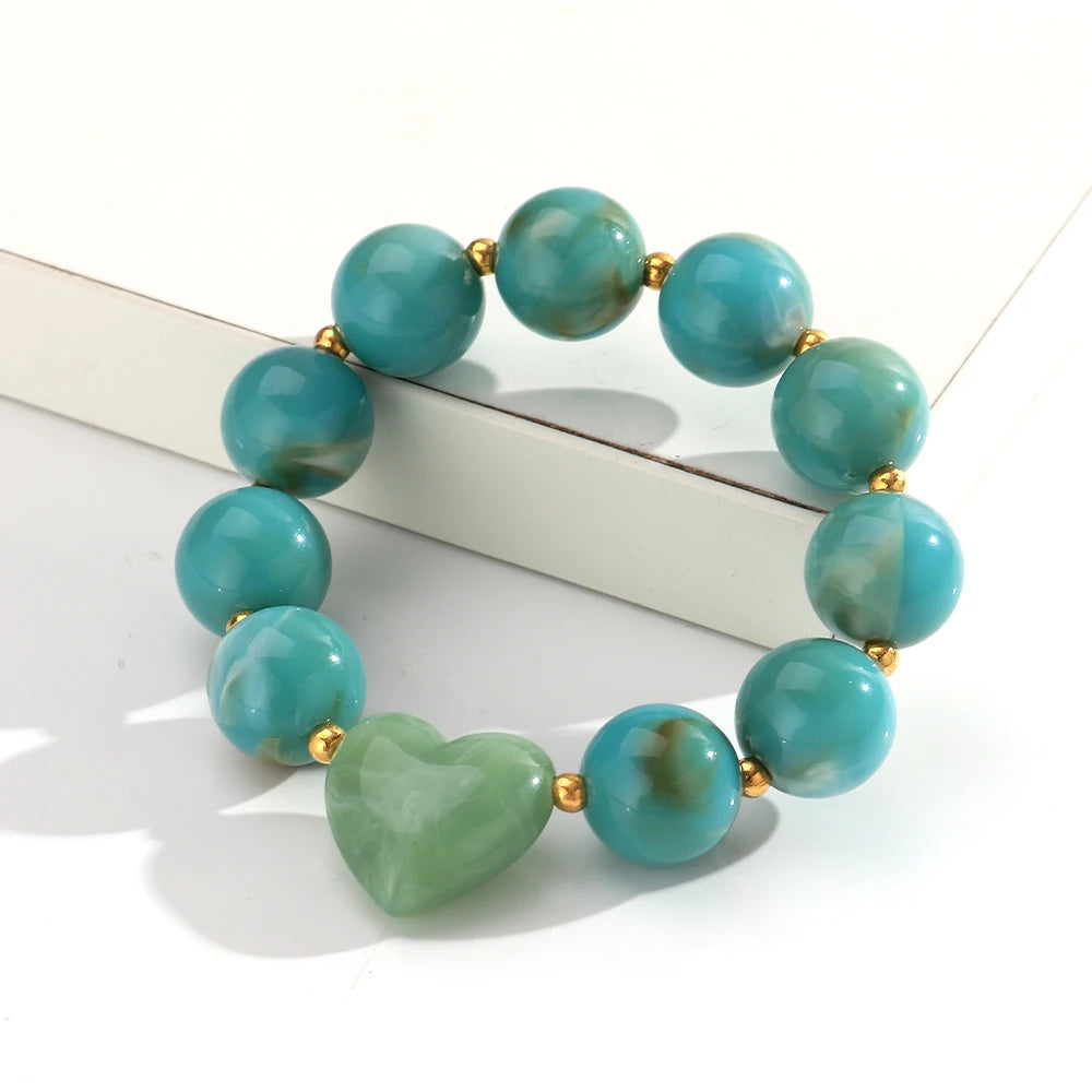Trendy Acrylic Round Heart Beads Elastic Bangle Bracelets Resin Colorful Geometric Beaded Stretch Bracelet Women Charm Jewelry