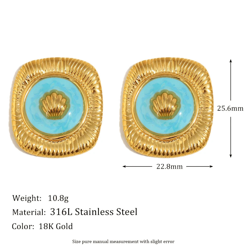 E.B.belle New Design Blue Drop Oil Square Shell Trendy Women's Earrings Rings 18K Gold Plated Stainless Steel Jewelry Set