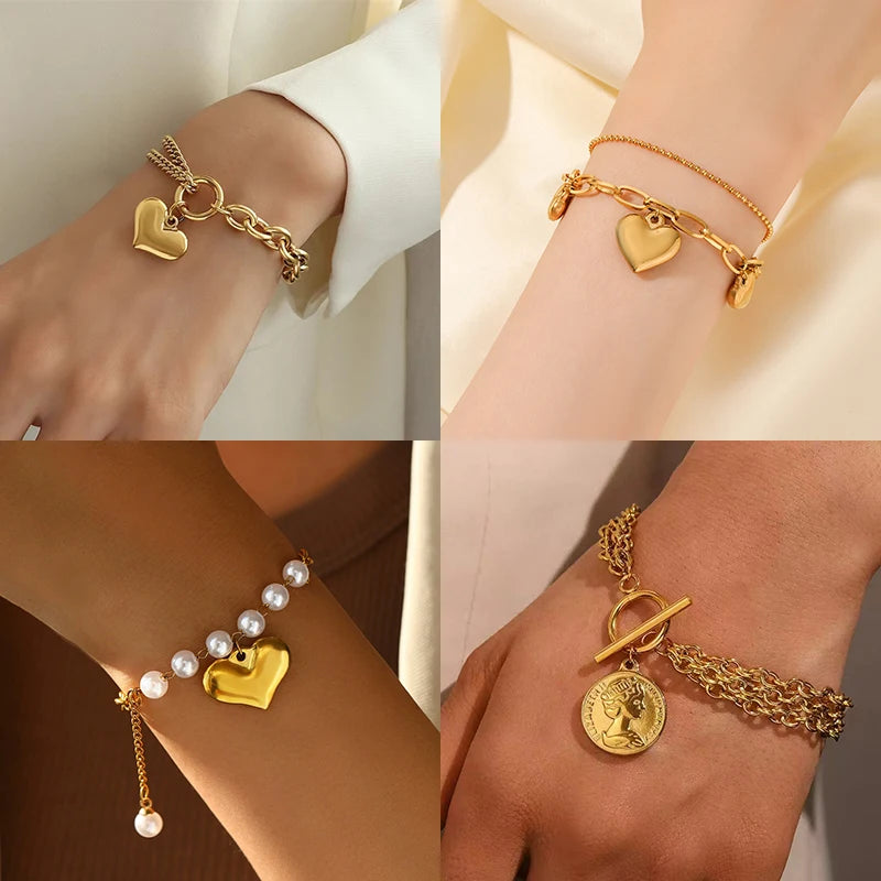 EILIECK 316L Stainless Steel Metal Gold Color Charm Bracelet Wrist Chain Trendy Texture Jewelry for Women Bijoux Femme Gift