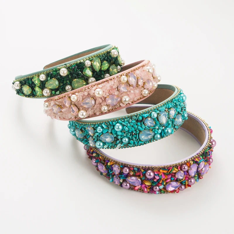 European and American Personalized Design Colorful Turquoise Rhinestone Hair Band Wide Edge Fabric Candy Color Headband