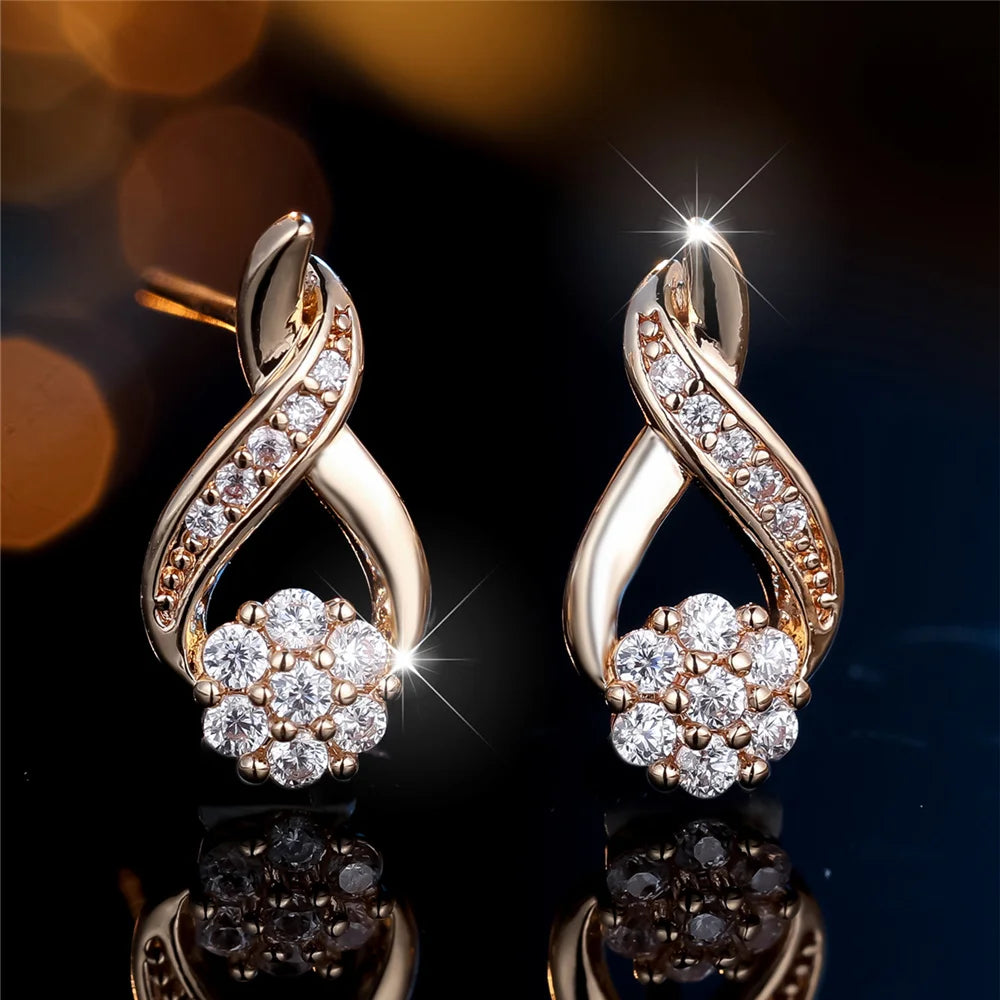 Cute Female Small White Round Stone Snowflake Stud Earrings Gold Color Zircon Wedding Jewelry For Women