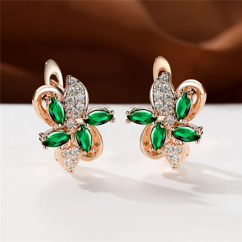 Cute Star Flower Multicolor Red Blue Zircon Stone Hoop Earrings Rose Gold Color Wedding Jewelry For Women