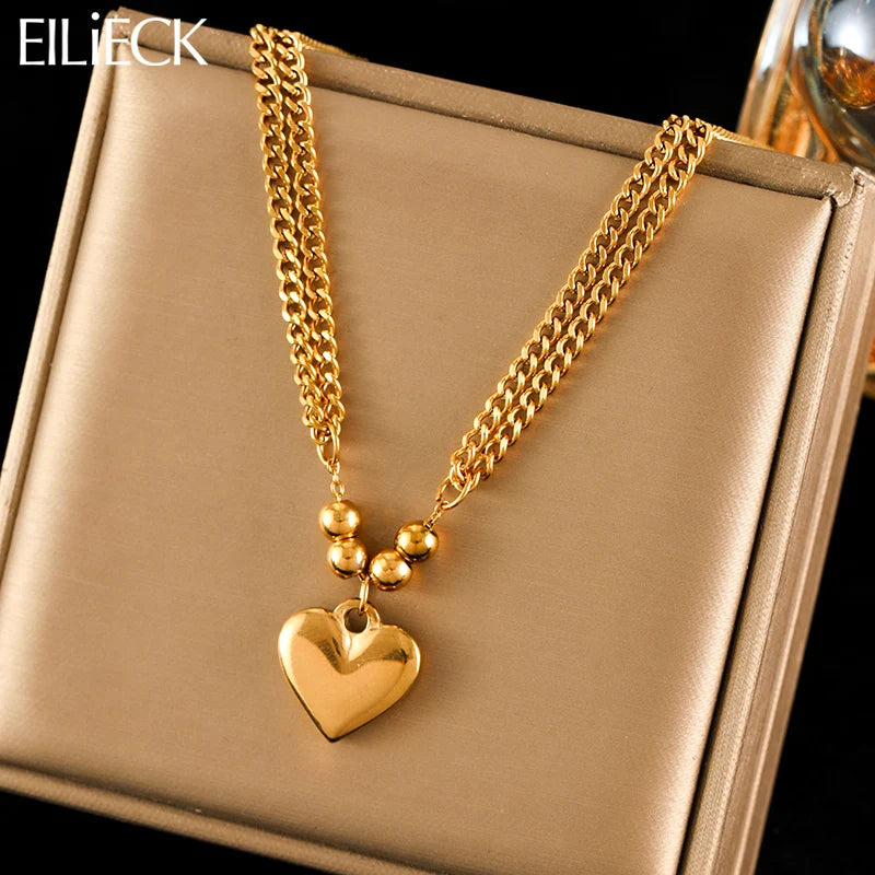 EILIECK 316L Stainless Steel Heart Love Pendant Necklace Statement Golden Glossy Thick Chunky Collar Dangle Neck Chain Jewelry