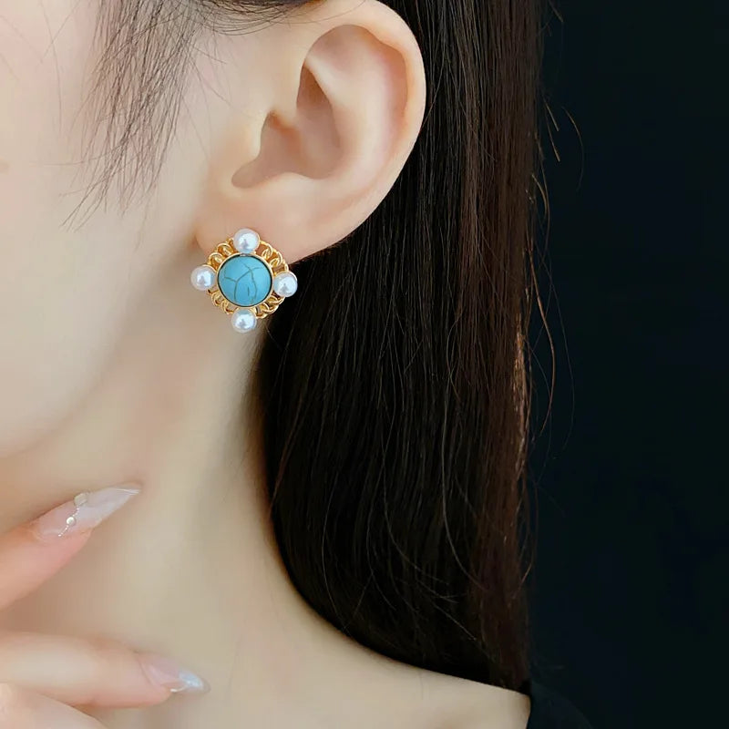 NISHIZAWA Pearls Stud Earrings for Women Geometric Sweet Korean Fashion Jewelry Elegant Vintage Simple Aretes De Mujer