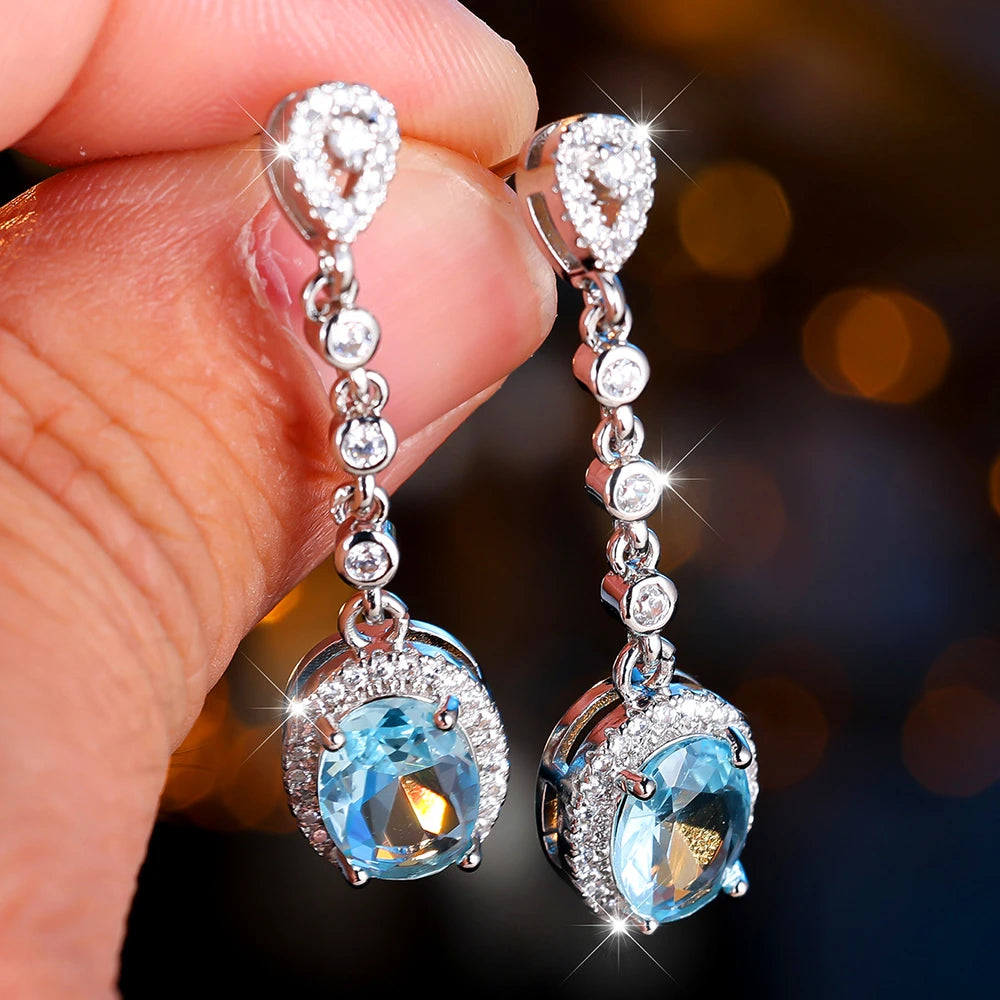 Elegant Female Light Blue Zircon Stone Drop Silver Color Earrings Cute Dangle Boho Long Wedding Jewelry For Women