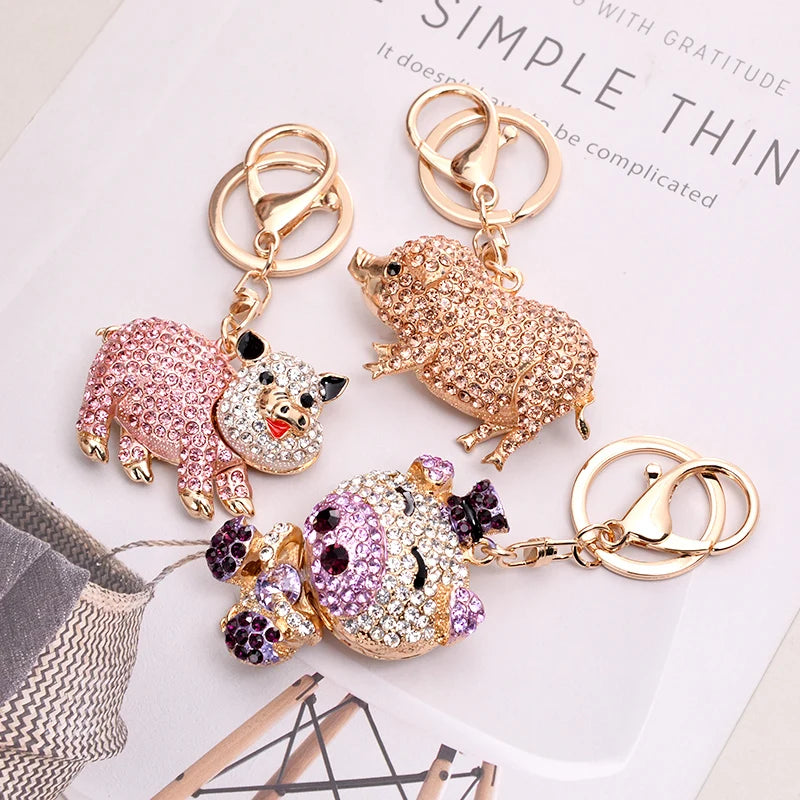 EASYA Cute Pig Shape Keychain Bag Key Ring Kawaii Anime Vintage Metal Crystal High-end Luxury Ladies Charm Jewelry gifts friends