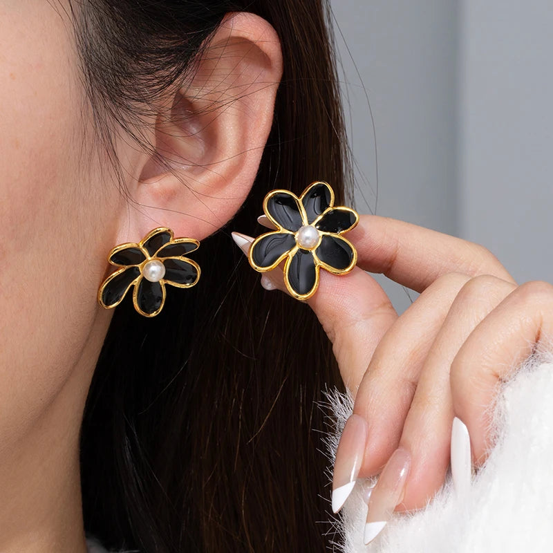 ANENJERY 316L Stainless Steel Colorful Enamel Flower Butterfly Earrings For Women French Delicate Elegant Jewelry Birthday Gifts