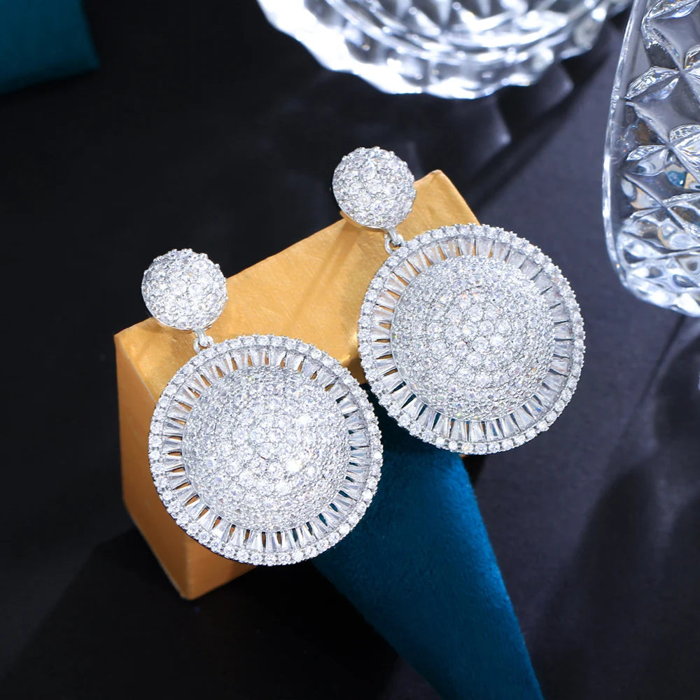 ThreeGraces High Quality Cubic Zirconia Silver Color Luxury Big Geometric Round Dangle Earrings for Women Party Jewelry E1227