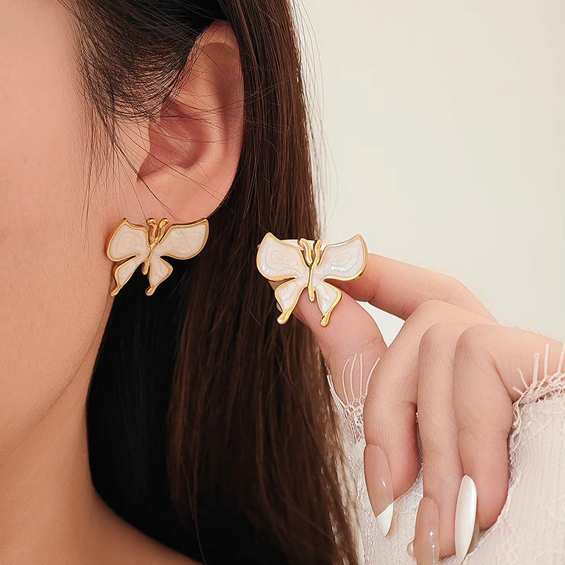 ANENJERY 316L Stainless Steel Drop Oil Butterfly Stud Earrings For Women Delicate Elegant Vintage French Jewelry Gifts Wholesale