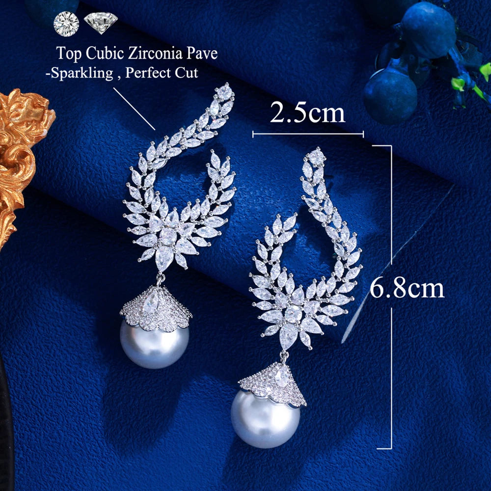 ThreeGraces Elegant Shiny Cubic Zirconia Big Simulated Pearl Long Statement Bridal Earrings Women Wedding Party Jewelry E1936
