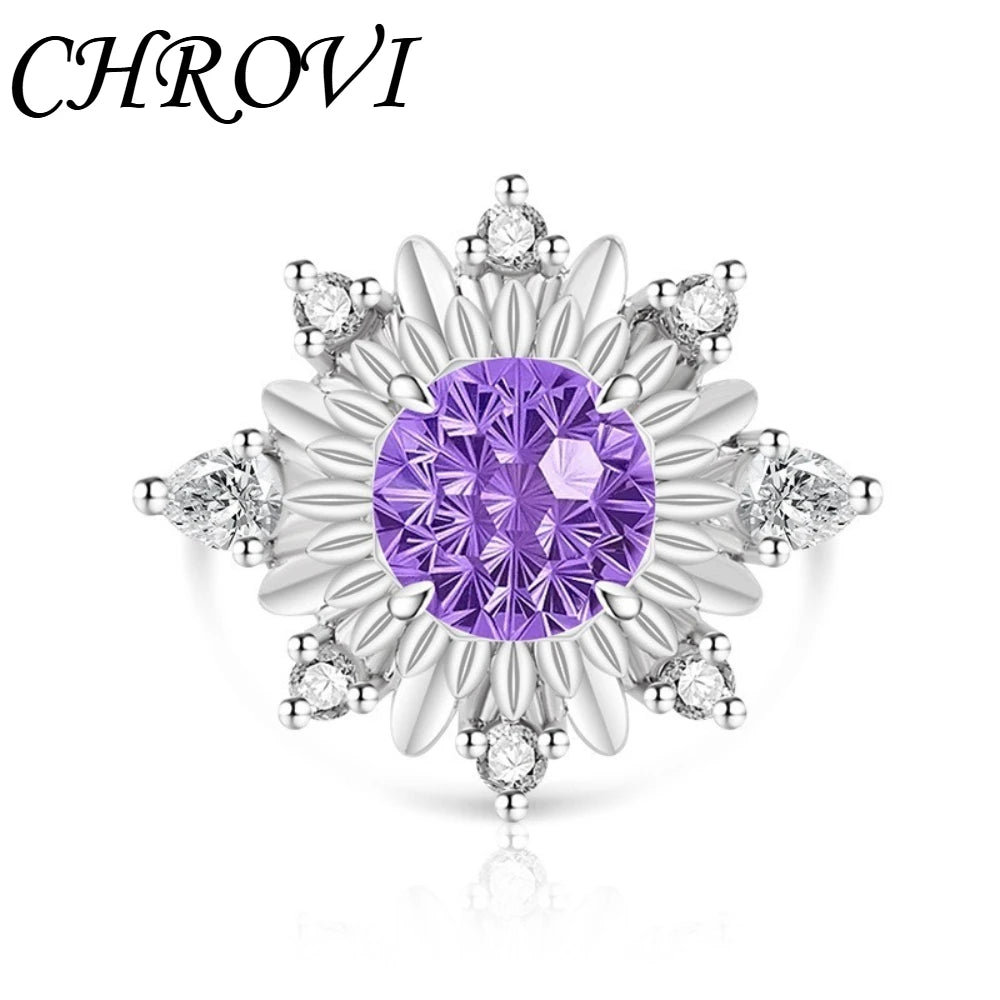 Luxurious 925 sterling silver gemstone flower chrysanthemum ring for women - ultra-shiny sunflower style finger ring