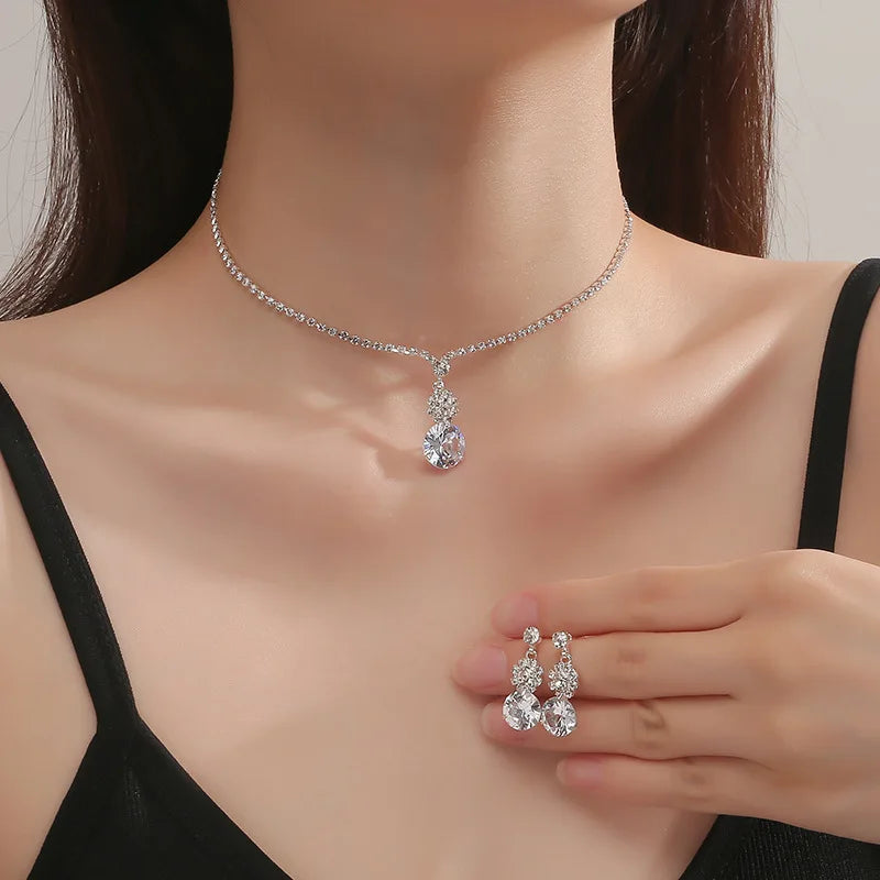 TREAZY Luxurious Rhinestone Crystal Wedding Jewelry Sets for Women Statement Choker Necklace Earrings Bridal Jewelry Accessories