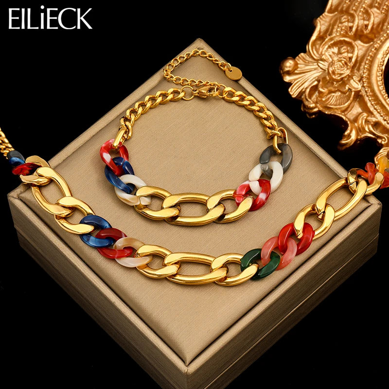 EILIECK 316L Stainless Steel Thick Chain Necklace Bracelet For Women Fashion Trendy Exaggerated Punk Jewelry Set Gift Party