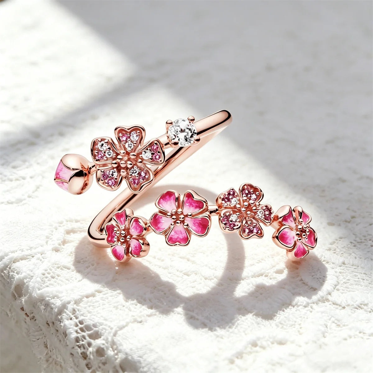 Charm Luxury Female Pink Bule Flower Zircon Stone Adjustable Open Ring RoseGold Silver Color Cute Gift Wedding Jewelry For Women