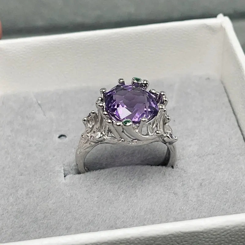 Pure Amethyst Ring for Party 10mm 4ct Natural Amethyst 925 Silver Ring with Thick Gold Plated Birthday Gift for Girlfriend