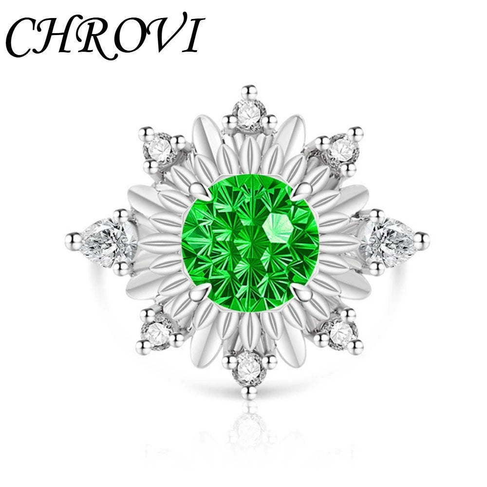 Luxurious 925 sterling silver gemstone flower chrysanthemum ring for women - ultra-shiny sunflower style finger ring