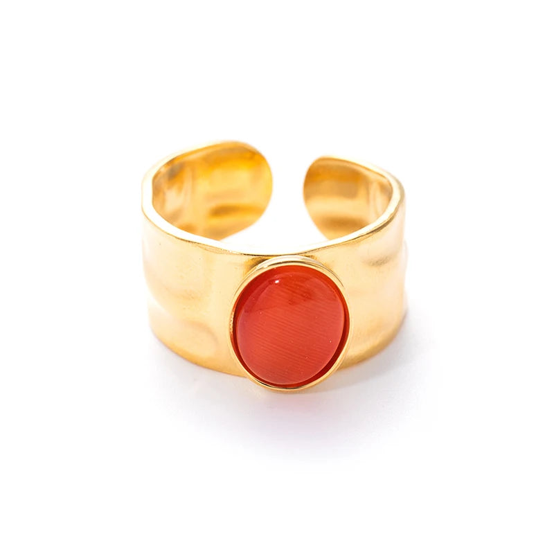 ANENJERY 316L Stainless Steel Colorful Stone Wide Smooth Open Ring for Women Men Elegant Noble Jewelry Gifts Wholesale