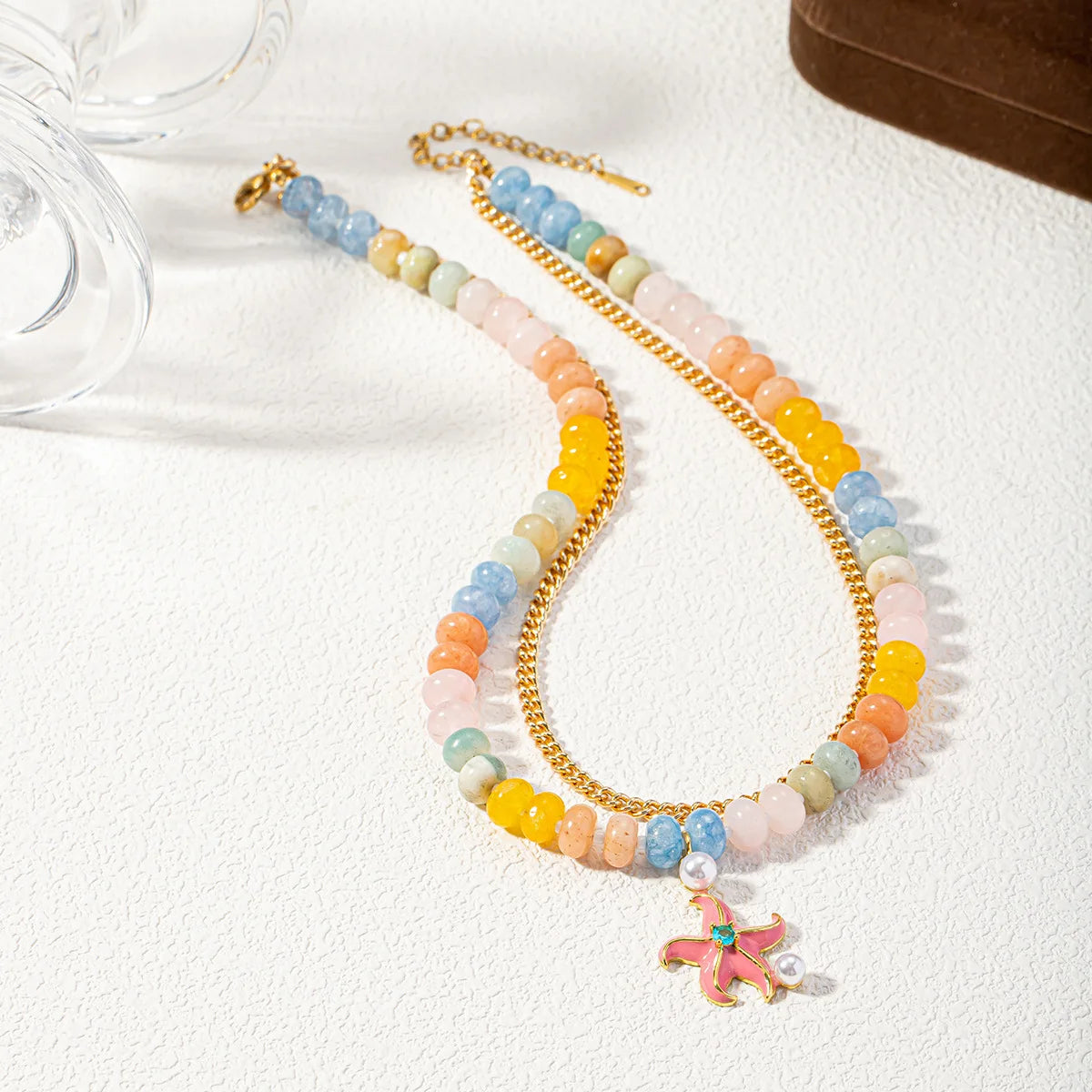 Handmade Natural Stone Beads Choker Necklace Women Colorful Enamel Starfish Pendant Stainless Steel Chain Necklaces Boho Jewelry