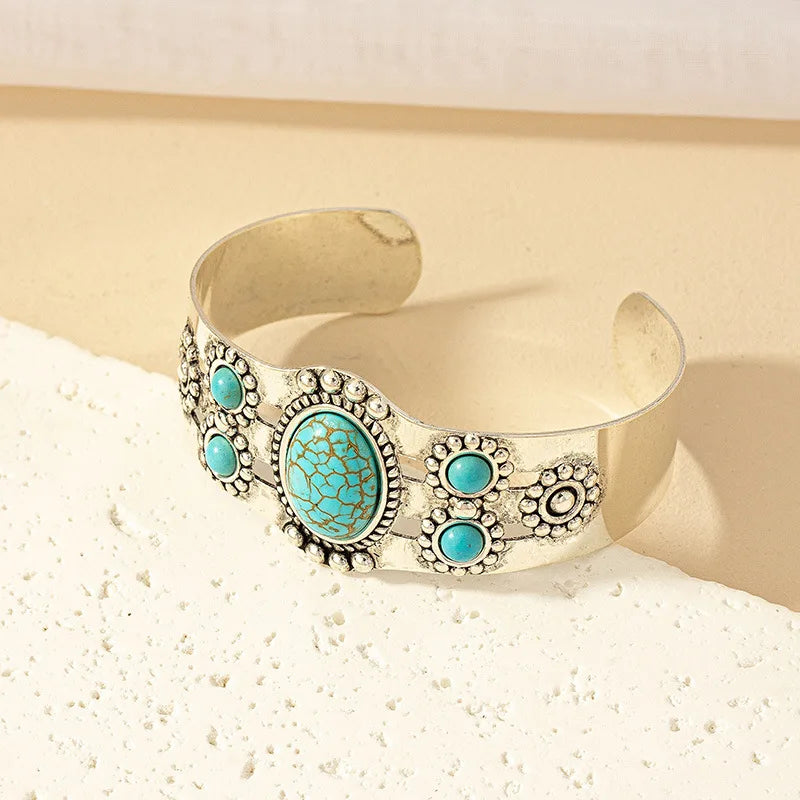 KMVEXO Retro Bohemian Turquoise Beaded Bangles for Women Resin Open Cuff Bracelets Bangle Vintage Gypsy Jewelry Female Gift