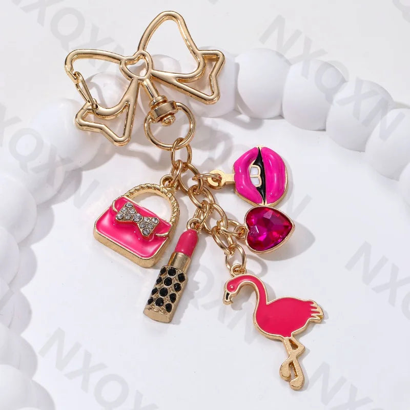 Cartoon Flamingo Lips High Heels Heart Keychain Pretty Handbag Enamel Key Ring For Friends Women Girl Festival Gifts DIY Jewelry