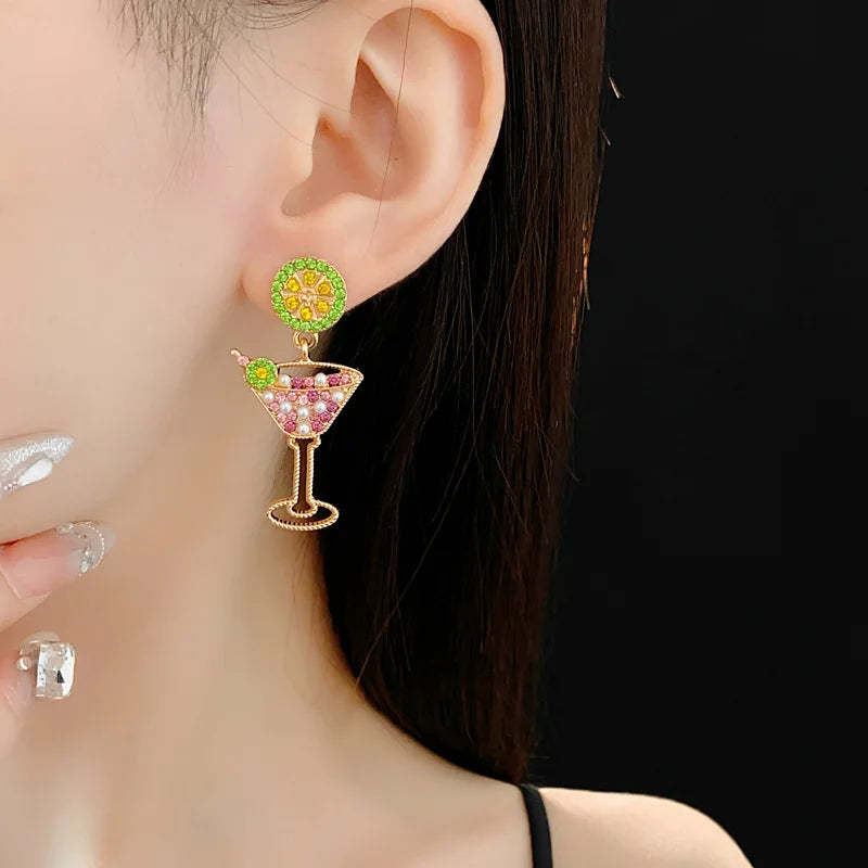 Vintage Lime Wine Glass Earrings for Women Temperament Light Luxury Inlaid Rhinestone Pearl Earring High-grade Sense Jewelry