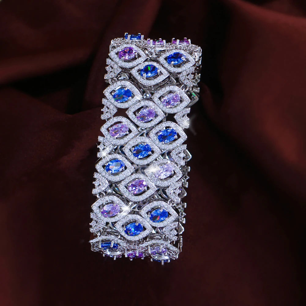 ThreeGraces Vintage Blue Purple Zirconia Big Wide Leaf Bridal Wedding Party Link Chain Bracelet for Women Prom Jewelry B605