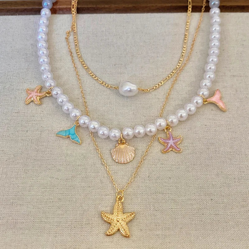 3Pcs Set Trendy Sea Star Shell Pendant Pearl Chain Necklace For Women Boho Charm 2026 New Personalized Neck Jewelry Accessories