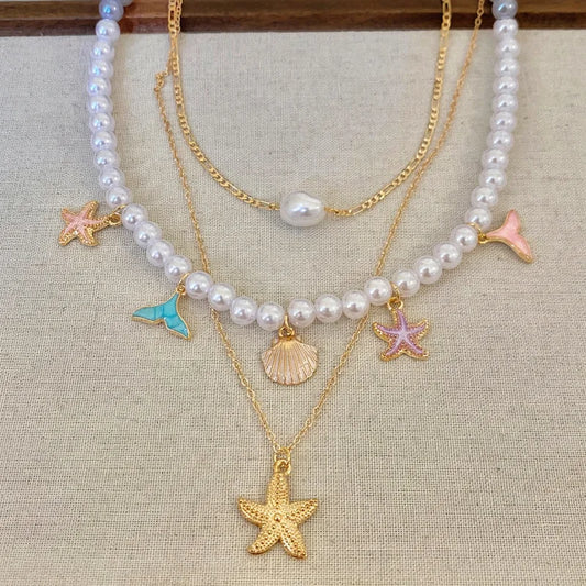 3Pcs Set Trendy Sea Star Shell Pendant Pearl Chain Necklace For Women Boho Charm 2026 New Personalized Neck Jewelry Accessories
