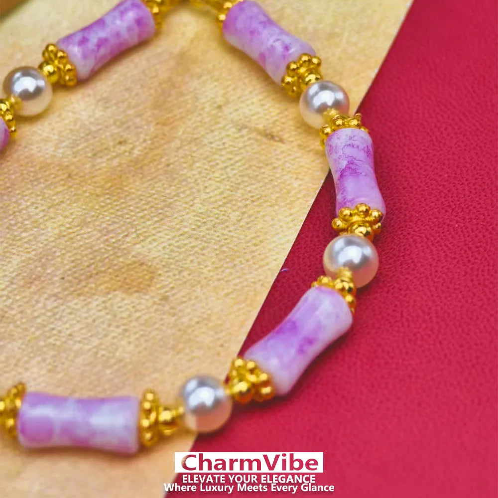 Dainty purple Stone Bamboo Beaded Bracelet for Women Golden Pearl Adjustable Drawstring Bracelet Wedding Party Jewelry Gift