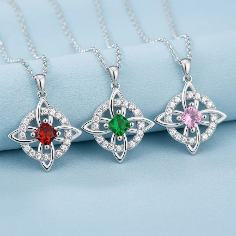 Dainty 5A Birthstone Pendant Necklace 12 Pieces Zirconia Magic Witch Knot Necklace for Women Good Luck Amulet Protection Jewelry